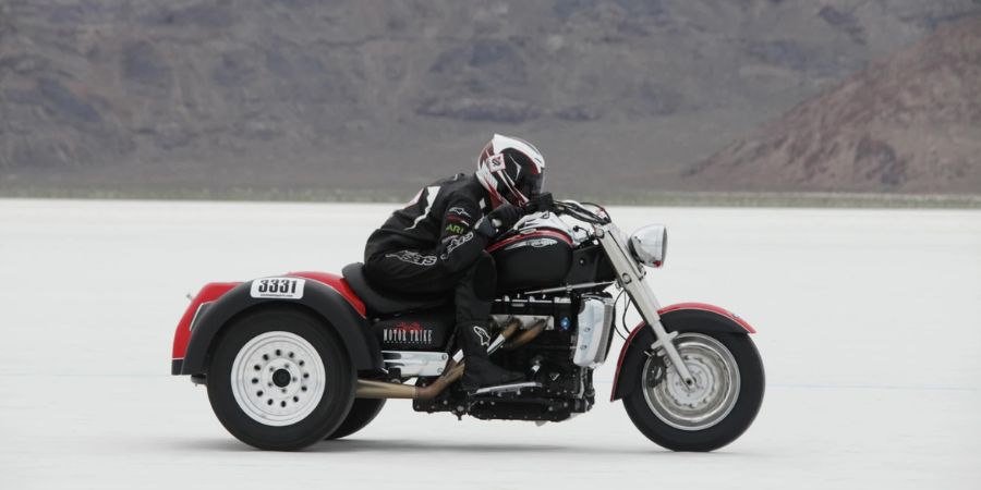 Brian Klock in 2013 on Triumph Rocket III Motor Trike setting a FIM World Record