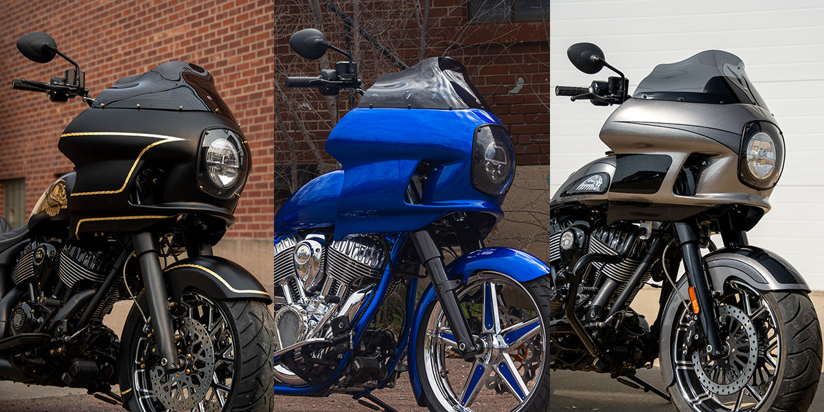 Klock Werks FXRP-Style Fairing shown on three models of motorcycles that are accommodated with a Klock Werks Flare® Windshield.