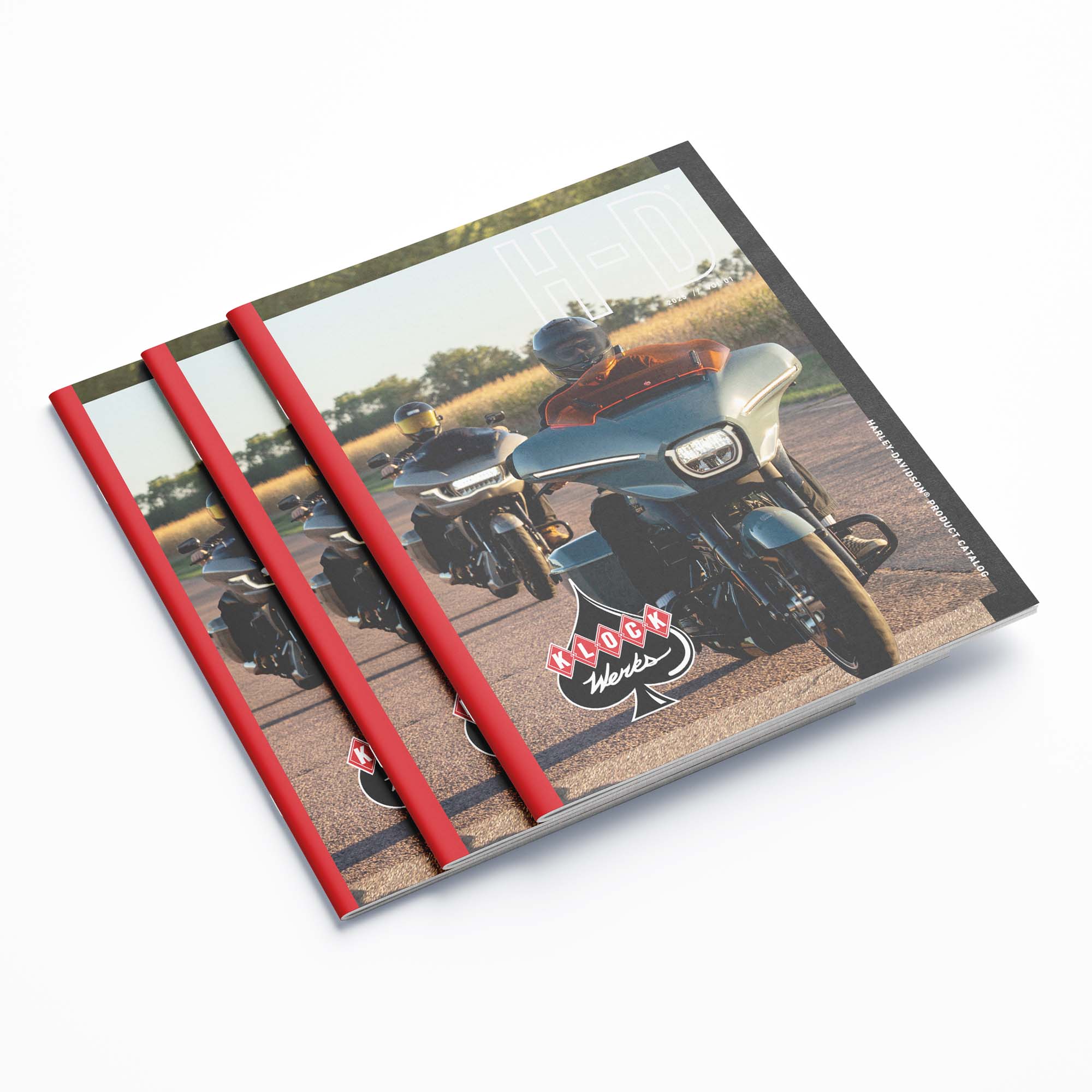 Klock Werks Catalog for Harley-Davidson Parts sitting on white backdrop.