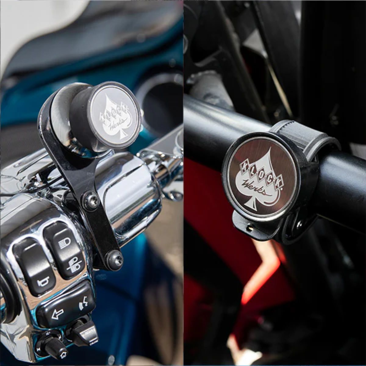 Close-up of motorcycle handlebar controls with iOmounts phone mounts on handlebars