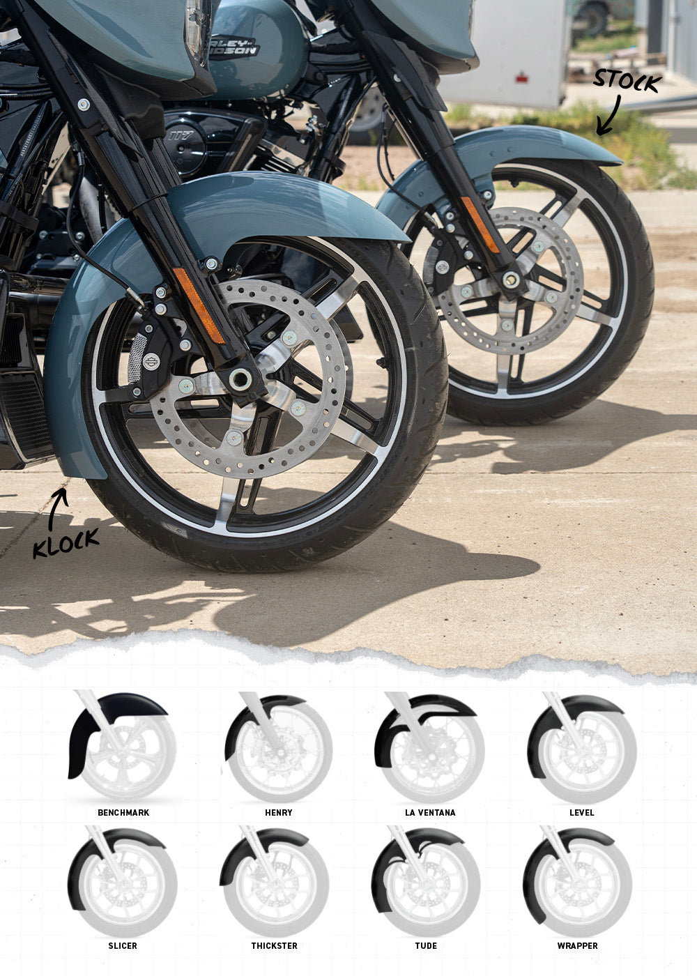 Two street glides one featuring a stock front fender and one featuring a klock werks front fender along side a grid of all klock werks front fender variant options.