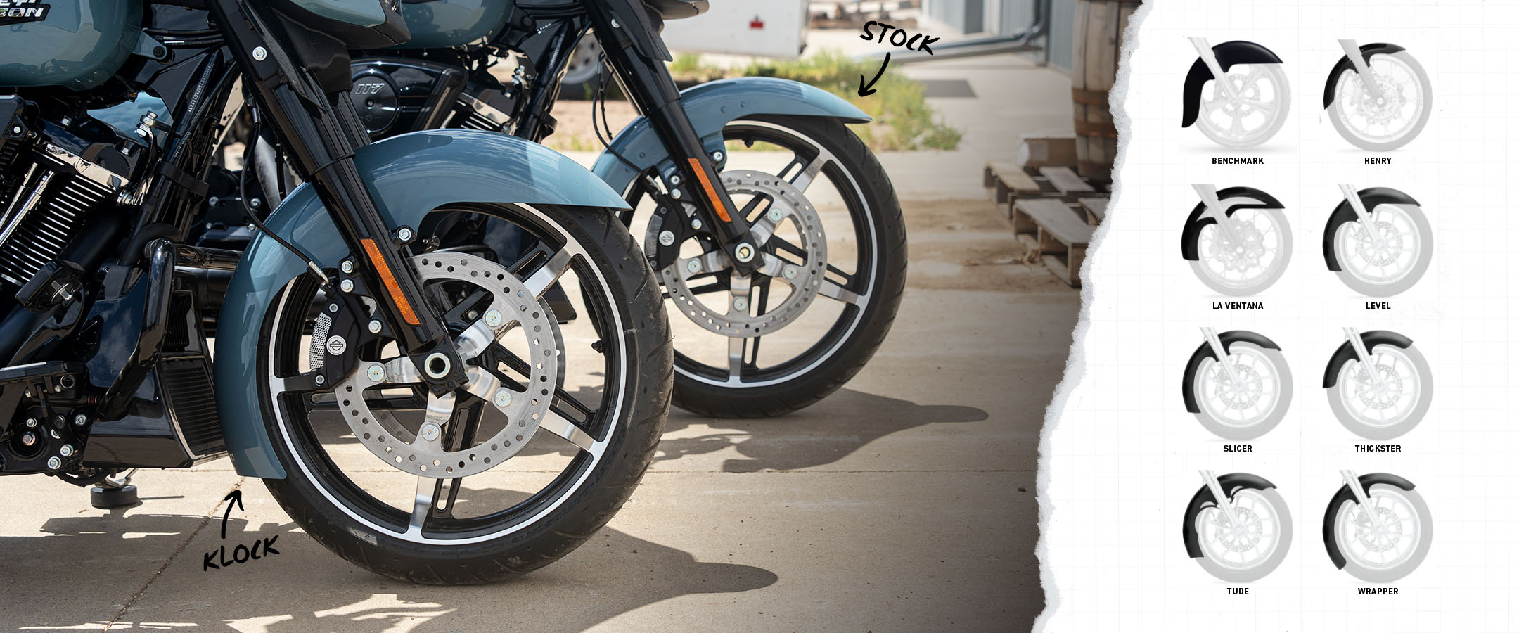 Two street glides one featuring a stock front fender and one featuring a klock werks front fender along side a grid of all klock werks front fender variant options.
