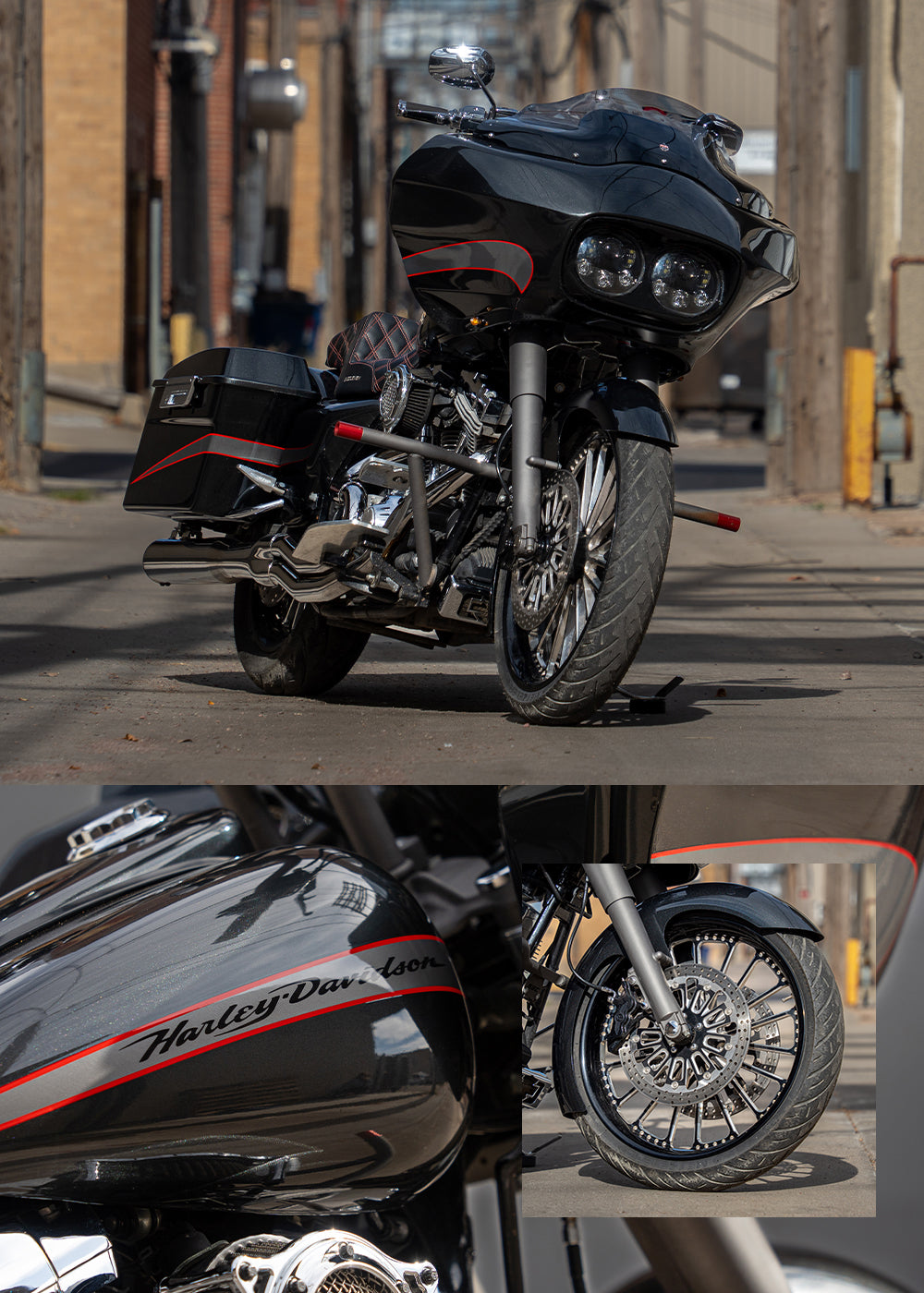 Earl Grey a Custom Harley Road Glide FLTR parked in an alleyway in Mitchell South Dakota. All black painted road glide with red paint and a Klock Werks flare windshield. Photo call-outs featuring a klock werks steel front fender and rear fender on the custom build.