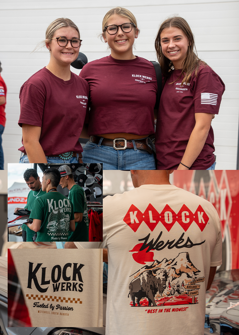 Collage of New Klock Werks Apparel. Klock Werks employees at Sturgis Rally wearing their new shirts while helping customers.