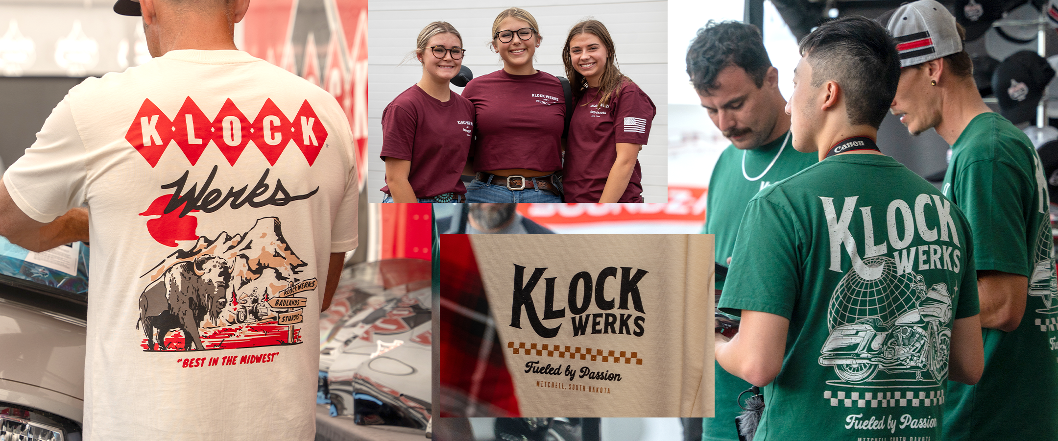 Collage of New Klock Werks Apparel. Klock Werks employees at Sturgis Rally wearing their new shirts while helping customers.