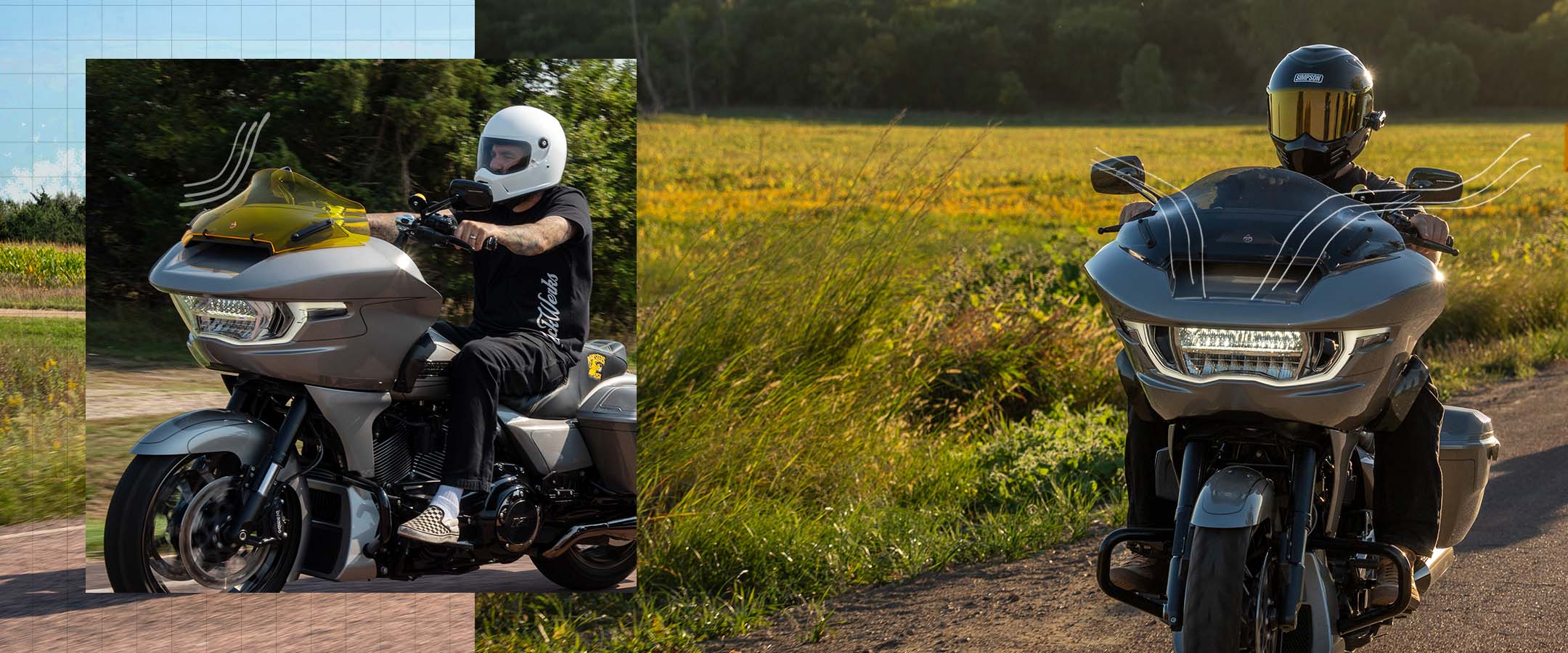 Klock Werks Flare Windshield on Road Glide featuring diagram of air management technology