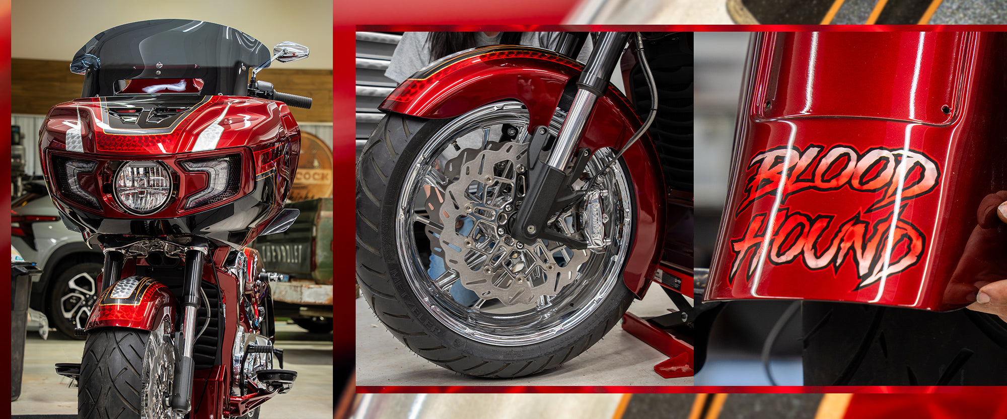 A Harley Davidson motorcycle called "Blood Hound" with a Klock Werks flare windshield on it.
