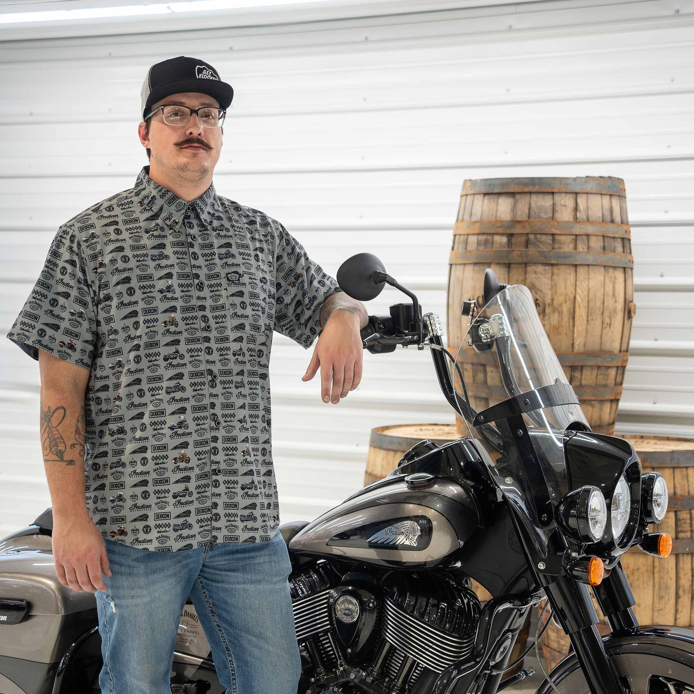 Limited Edition Jack Daniel's x Indian Motorcycle x Klock Werks - Dixxon Party Shirt (Model is wearing an XL)