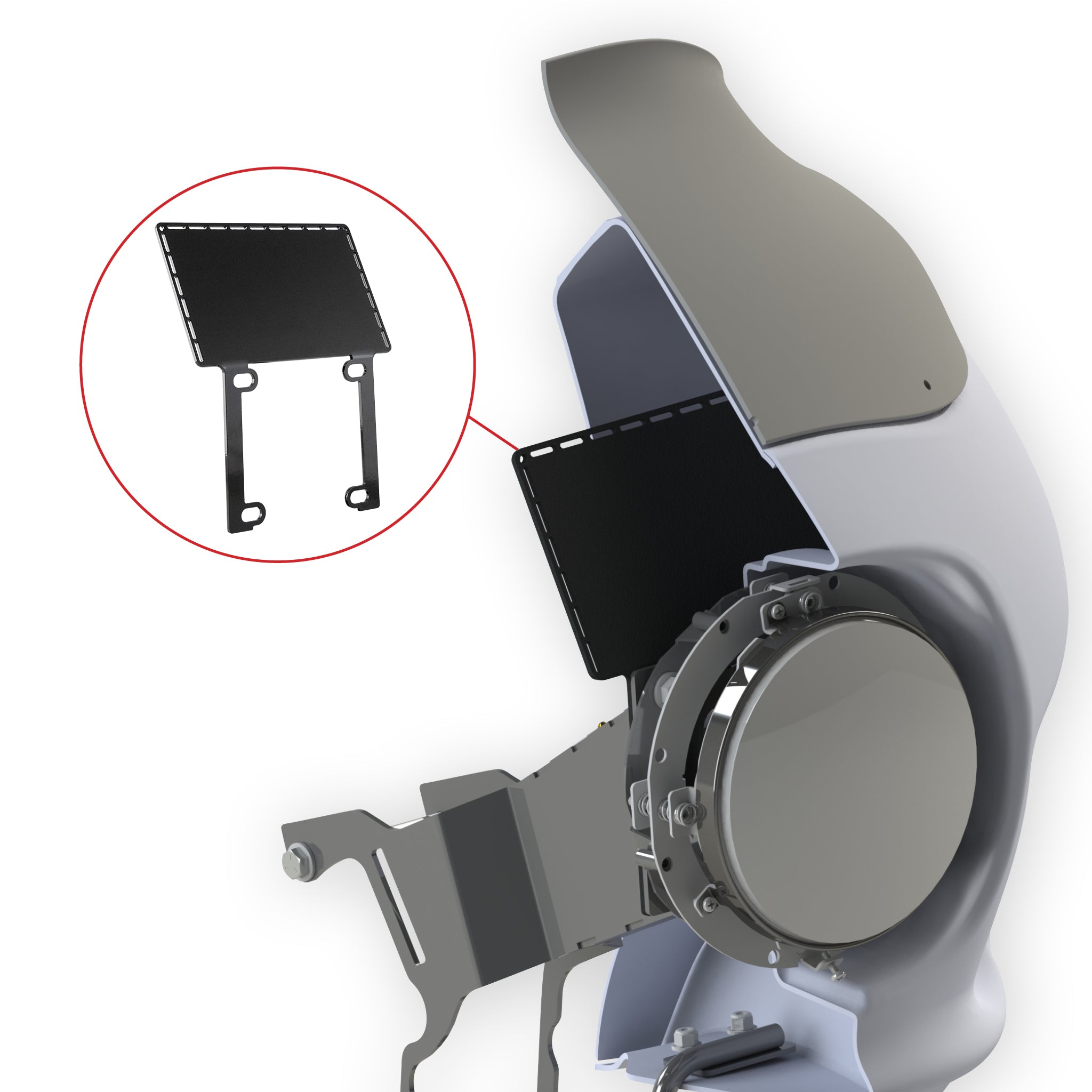 Diagram of the Universal Amp Bracket for FXR Style Fairings including FXRP, FXRT and FXRD(Tuck away items you want hidden within the fairing)