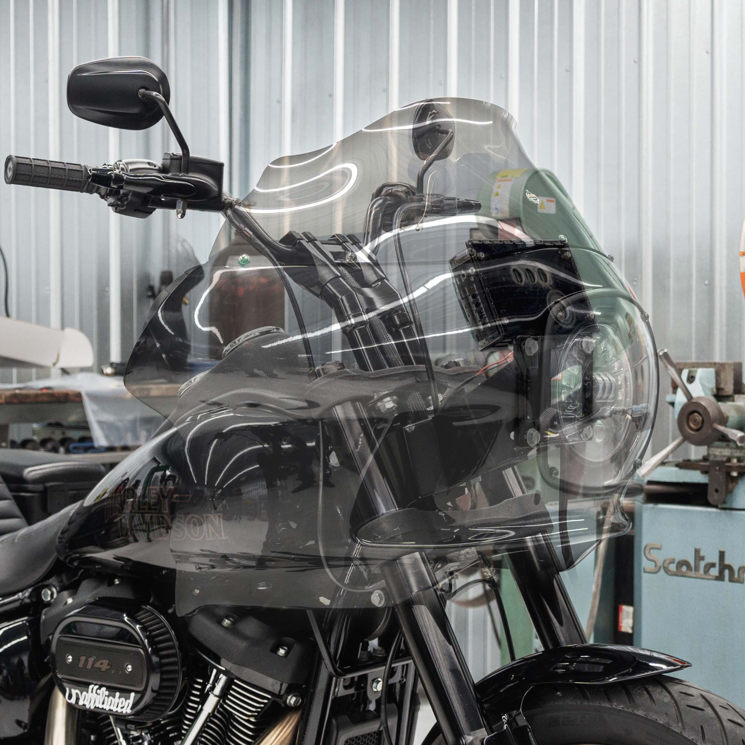 Universal Amp Bracket for FXR Style Fairings including FXRP, FXRT and FXRD (Universal Amp Bracket In Use)