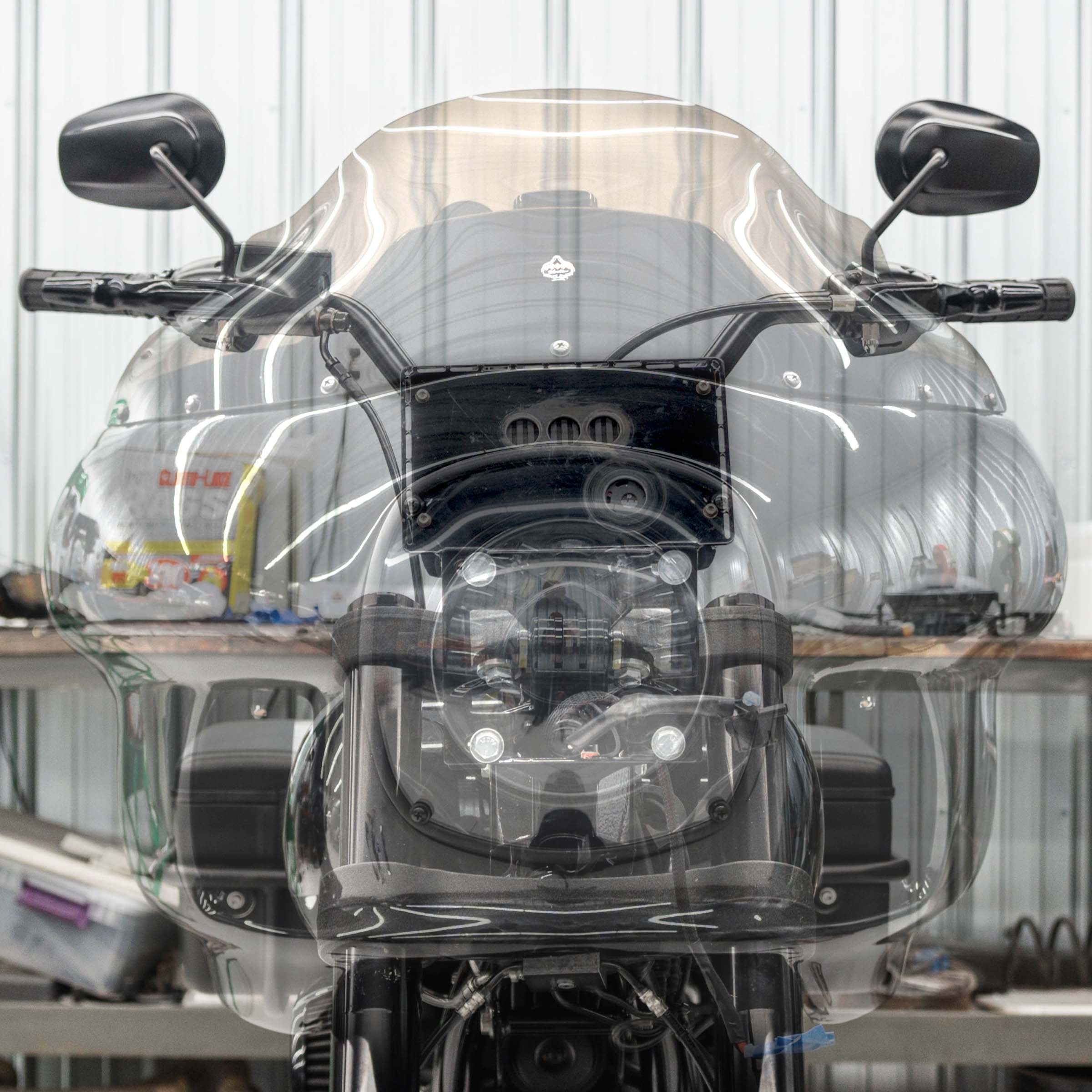 Universal Amp Bracket for FXR Style Fairings including FXRP, FXRT and FXRD (Universal Amp Bracket In Use)