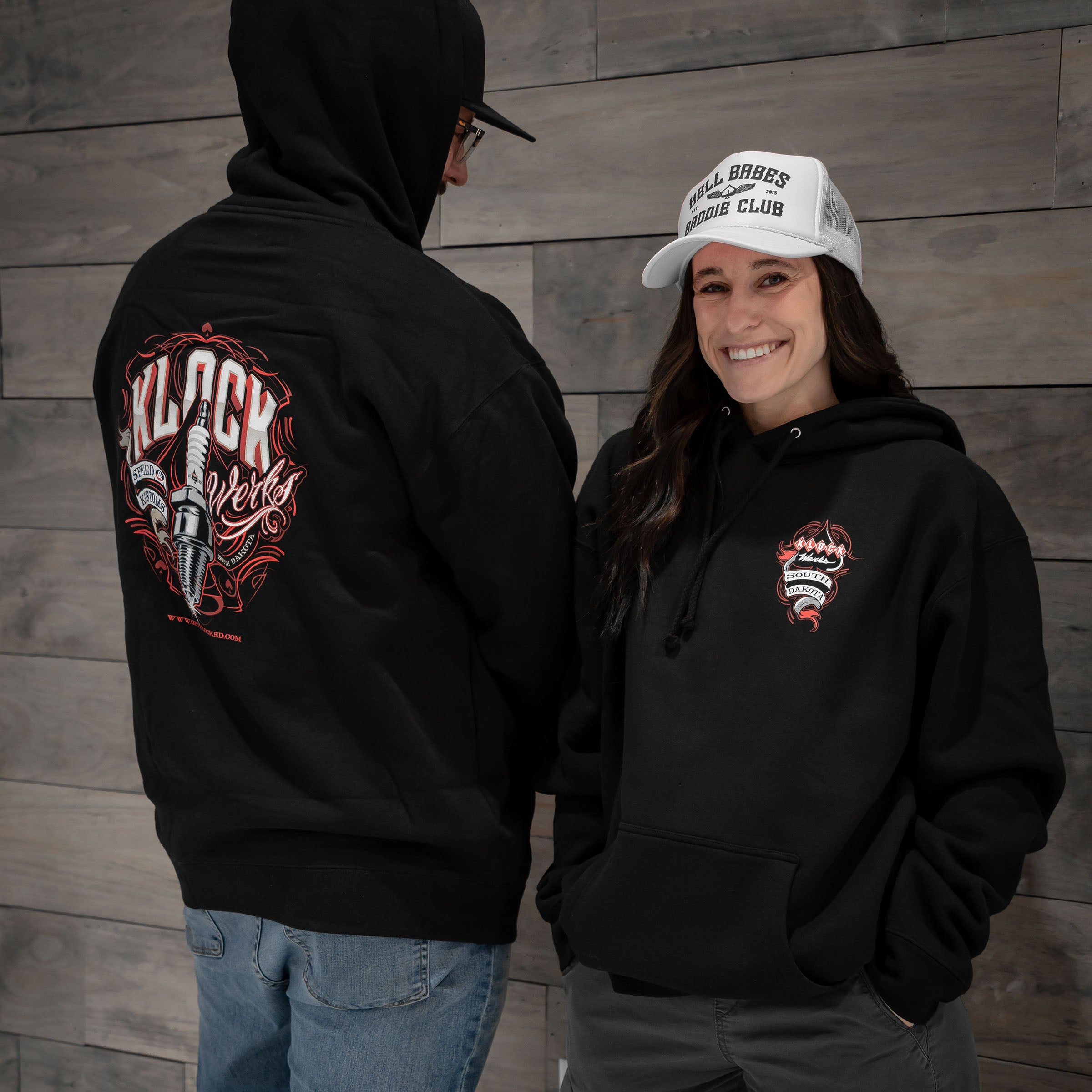 Black Pullover Hoodie with Spark Plug Design on Front Chest (Pullover Models are wearing M and 2XL)