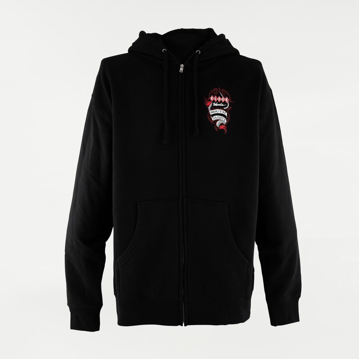 Black Zip-Up Hoodie with Spark Plug Design on Front Chest 