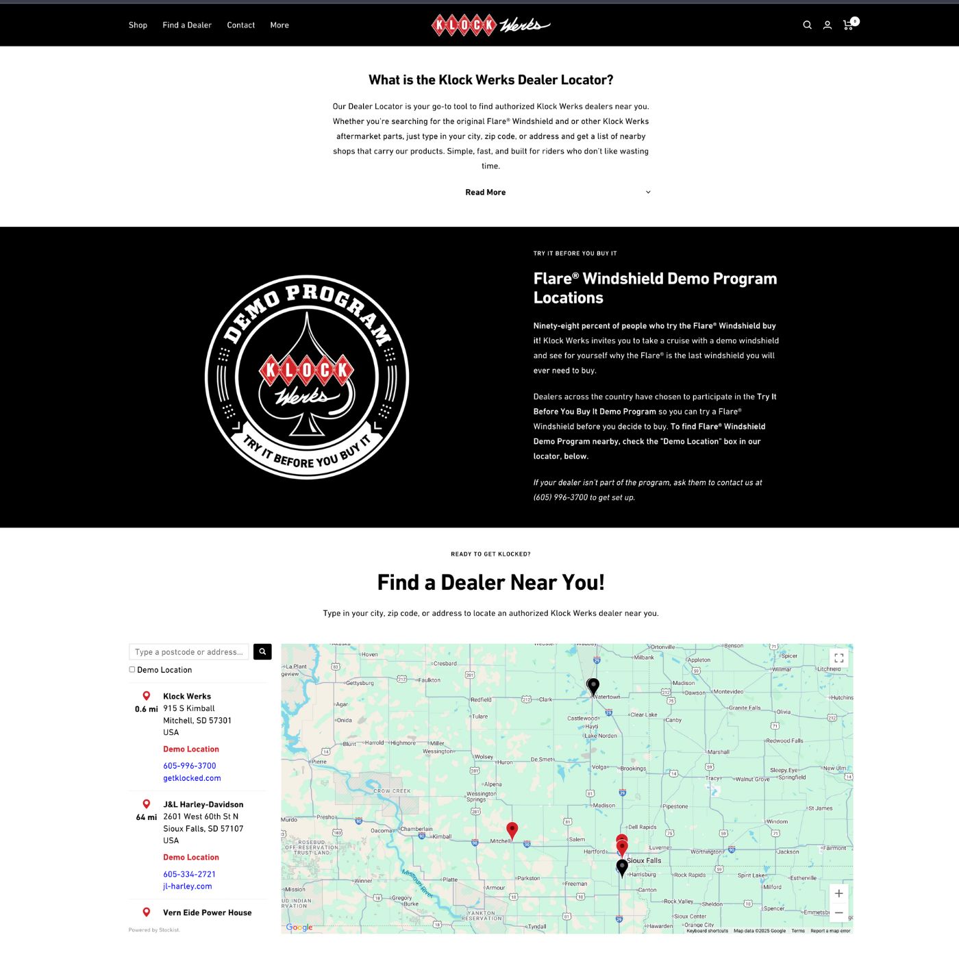 Screenshot of Klock Werks dealer locator page where consumers can find a local demo location to measure for their ideal flare windshield height.