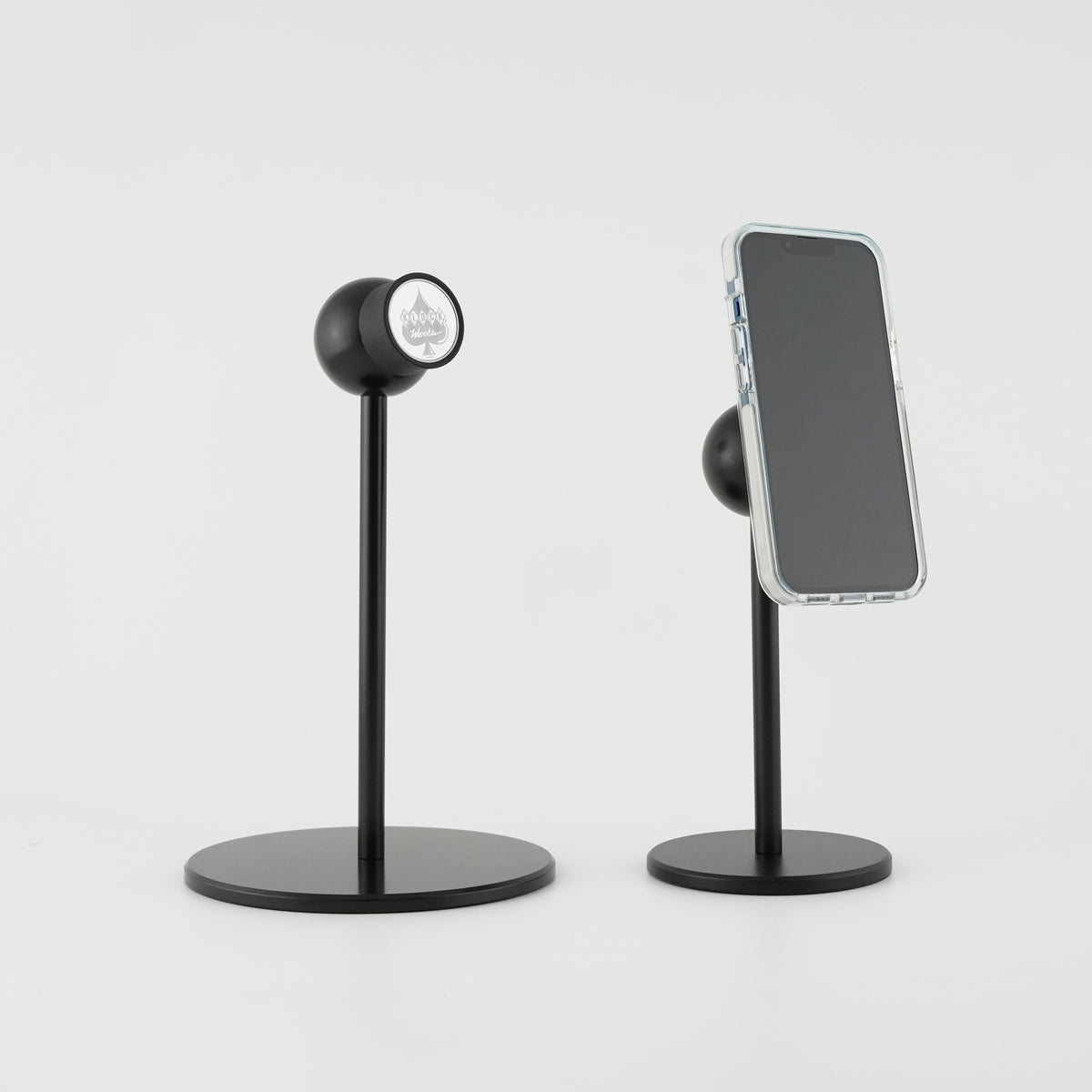 iOstand and iOmini phone mount side-by-side comparisson (iOstand (9.75" Tall) vs. iOmini (7.75"))