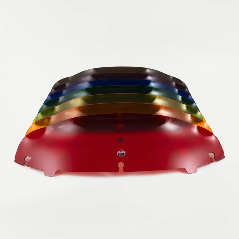 Front view cascade lineup of 4" Kolor Flare™ Windshield for Harley-Davidson 2014-2025 FLH motorcycle models(4" Kolor Cascade)