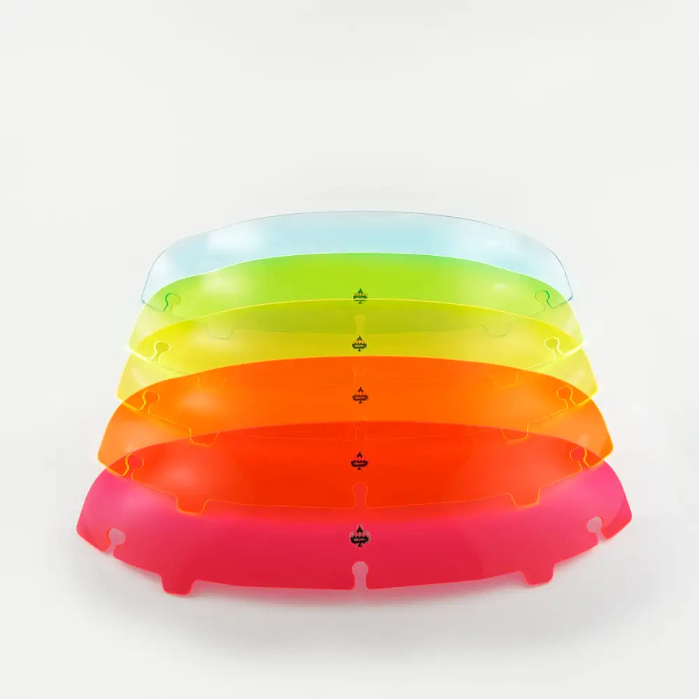 Front view cascade lineup of 4" Ice Kolor Flare™ Windshield for Harley-Davidson 2014-2024 FLH motorcycle models(4" Ice Kolor cascade)