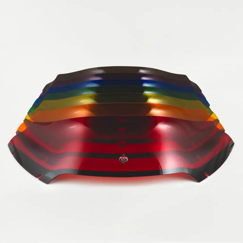 Front view cascade lineup of 6" Kolor Flare™ Windshield for Harley-Davidson 2015-2025 Road Glide motorcycle models(6" Kolor Cascade)