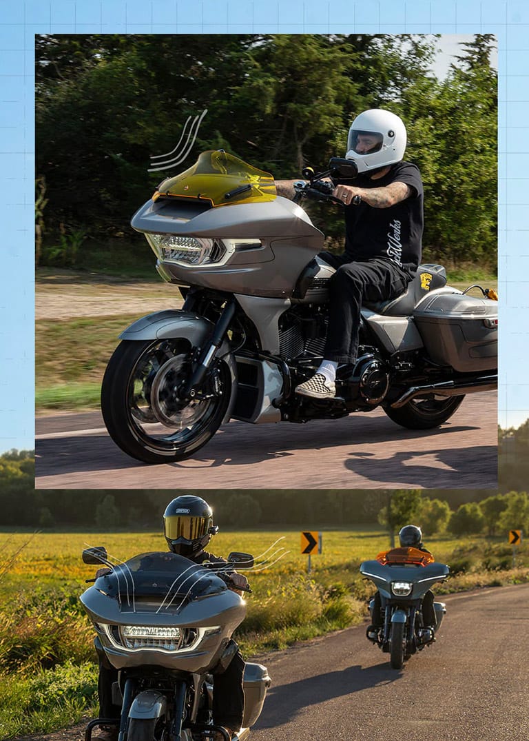 Flare Windshield function depicted and overlayed on two riders on a street glide and road glide.