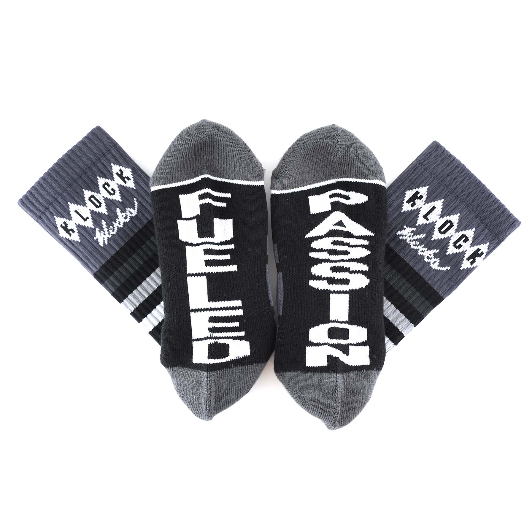 Klock Werks x Fuel Klock Crew Socks in Black with Fueled Passion on the feet.(Black with Fueled Passion on the feet)