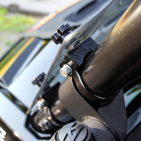 Axia Alloys Thumbscrew clamps shown on UTV Flare™ Windshield for Polaris® RZR 2014-2018 models