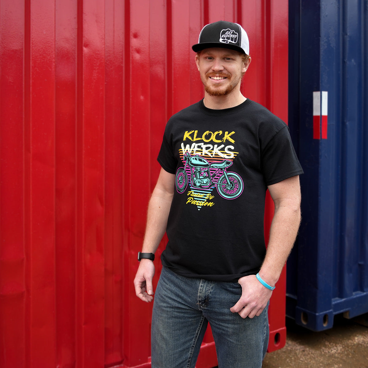 Jacob is wearing a Large Cafe Racer Adult T-Shirt