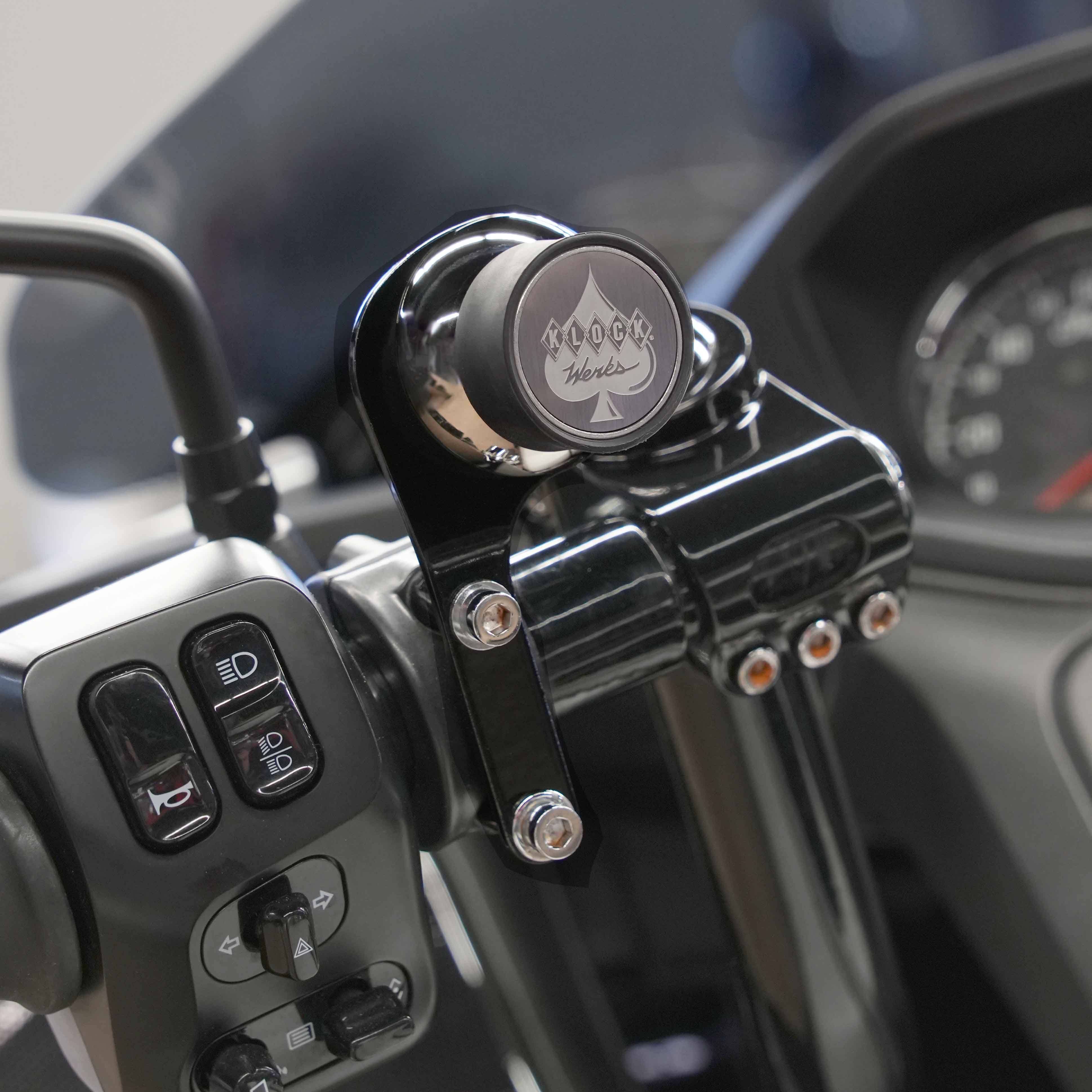 Left Black Perch Handlebar Magnetic Phone Mount for Indian® Challenger and Pursuit Motorcycles shown on bike(Left Black Perch Mount on bike)