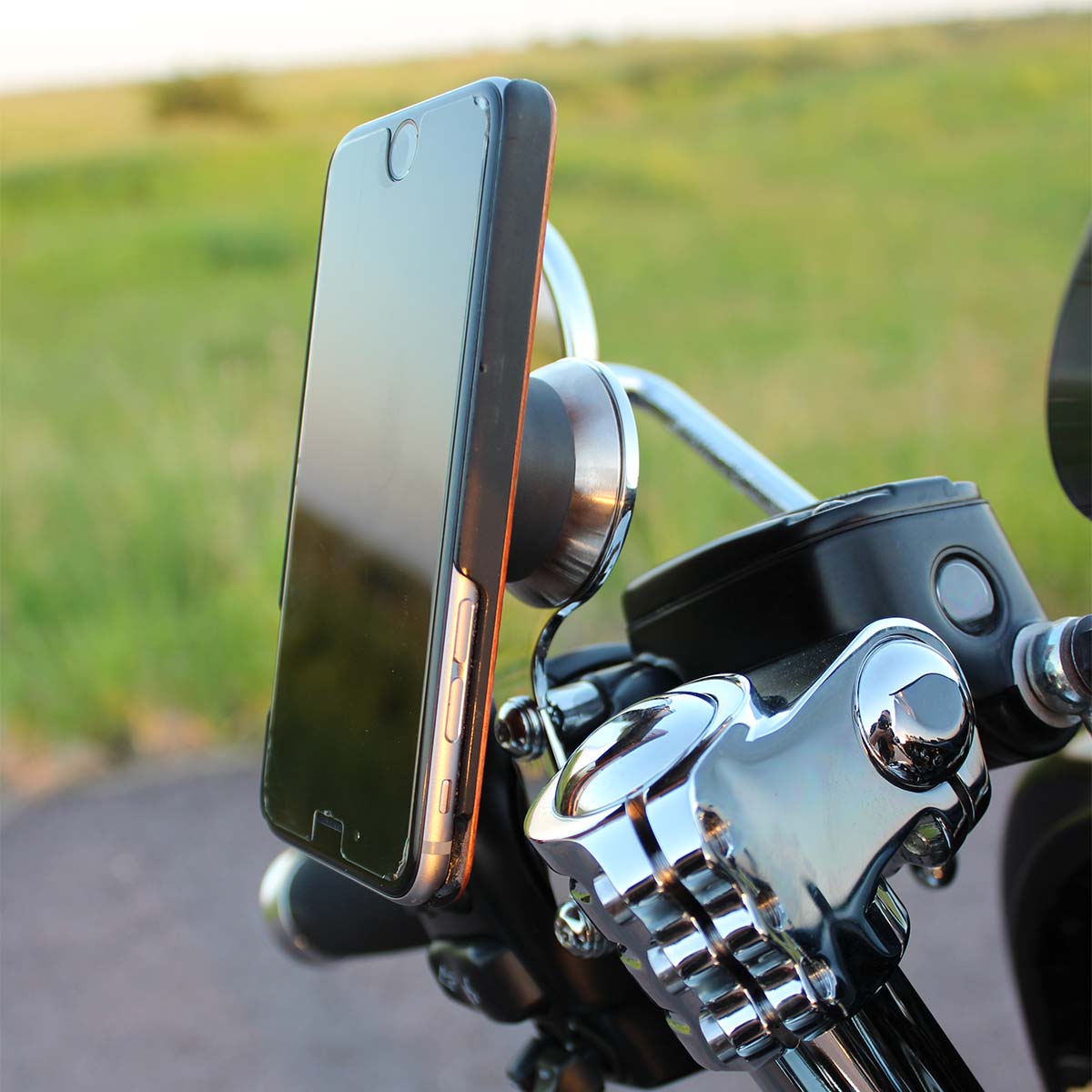 1996-2023 Left Chrome Perch Magnetic Phone Mounts for Harley-Davidson® on bike (1996-2023 - Left Chrome Perch Mount on bike)