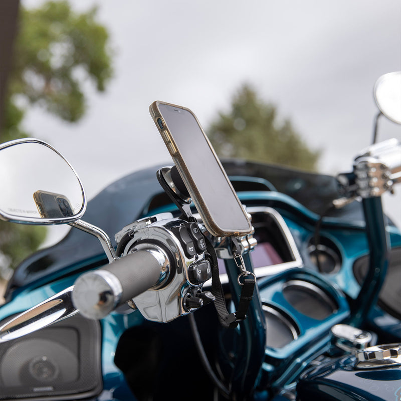 1996-2026 Left Black Perch Magnetic Phone Mounts for Harley-Davidson® shown on bike(1996-2026 - Left Black Perch Mount on bike)