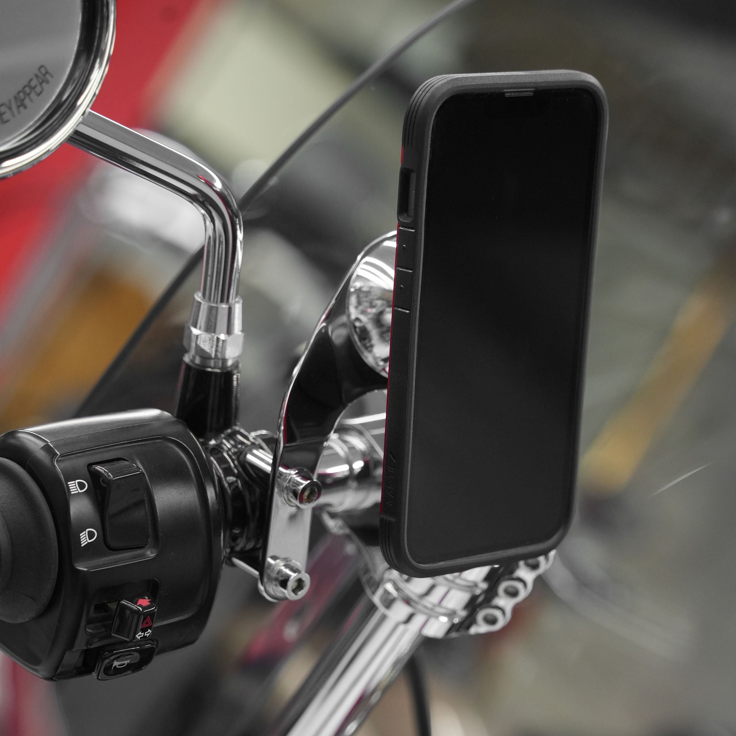 Left Chrome Perch Handlebar Magnetic Phone Mount for Indian® Scout® Motorcycles shown on bike(Left Chrome Perch Mount on bike)