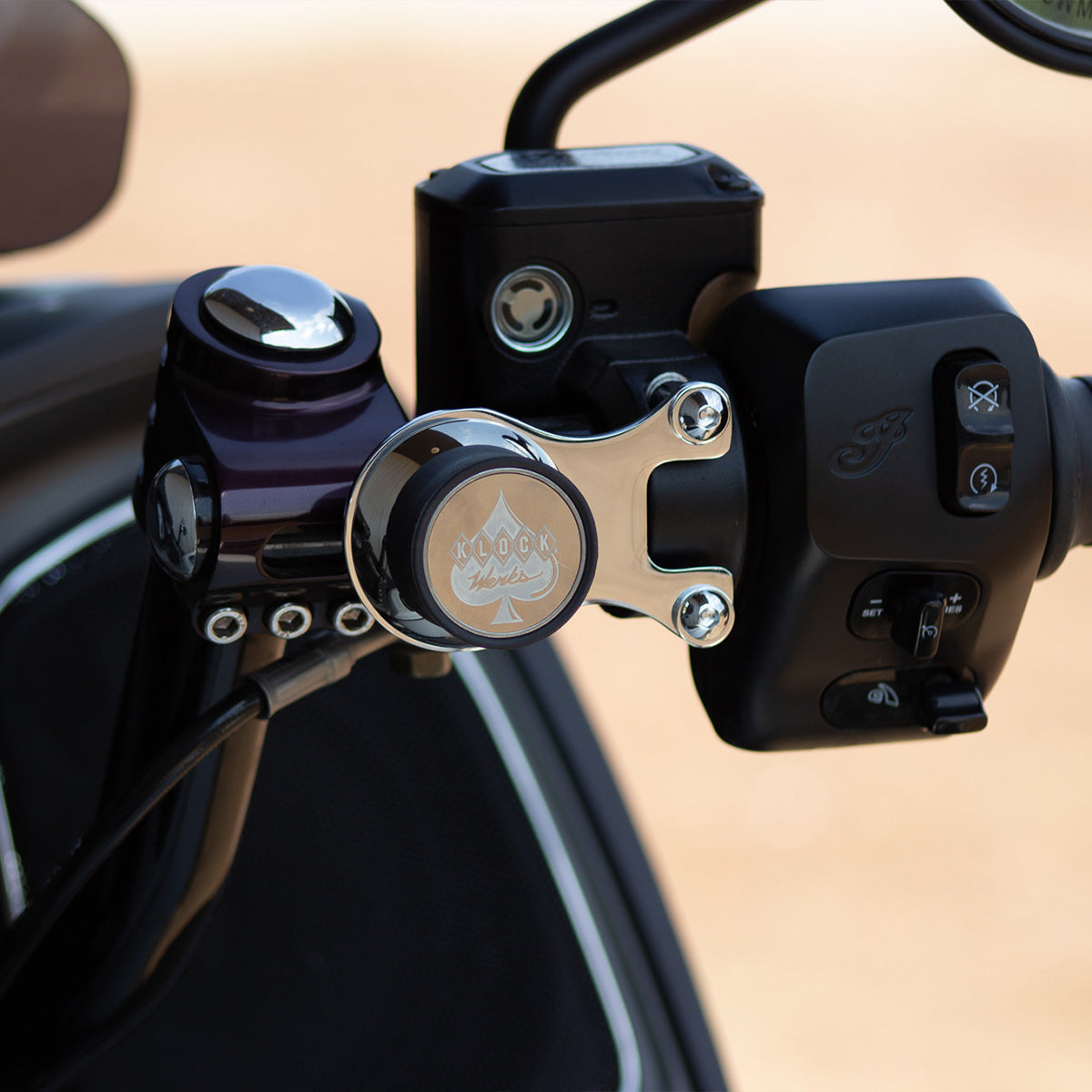 Chrome Ambidextrous Handlebar Magnetic Phone Mount for Indian® Challenger and Pursuit Motorcycles shown on bike(Chrome Ambidextrous Mount on bike)
