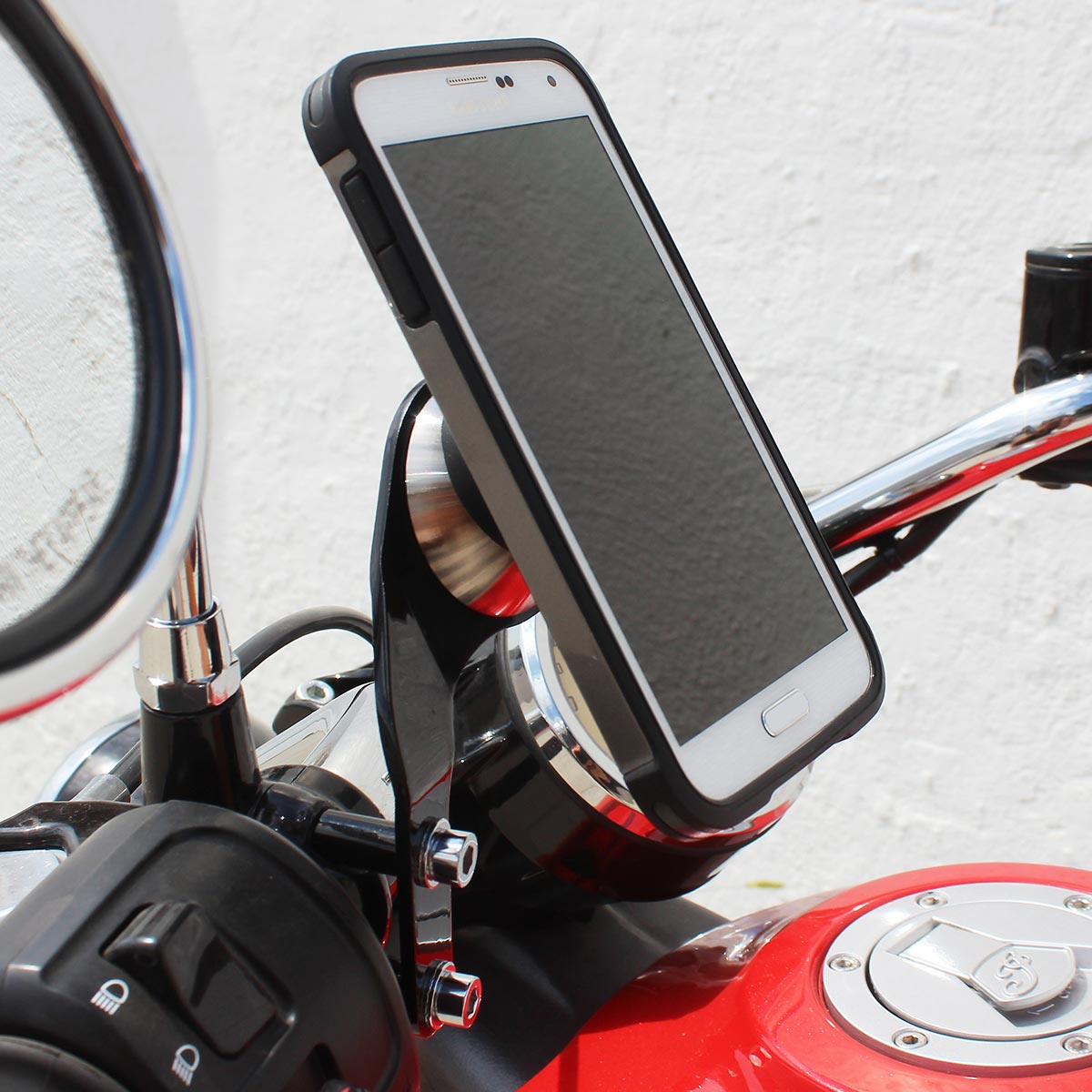 Right Black Perch Handlebar Magnetic Phone Mount for Indian® Scout® Motorcycles shown on bike(Right Black Perch Mount on bike)
