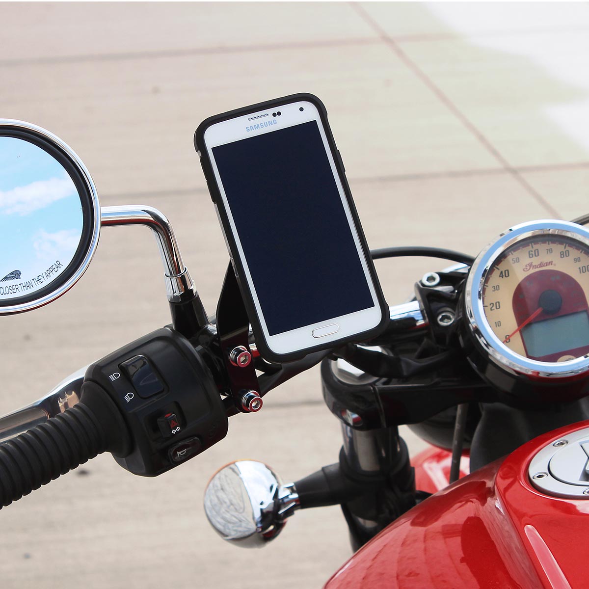 Right Black Perch Handlebar Magnetic Phone Mount for Indian® Scout® Motorcycles shown on bike(Right Black Perch Mount on bike)