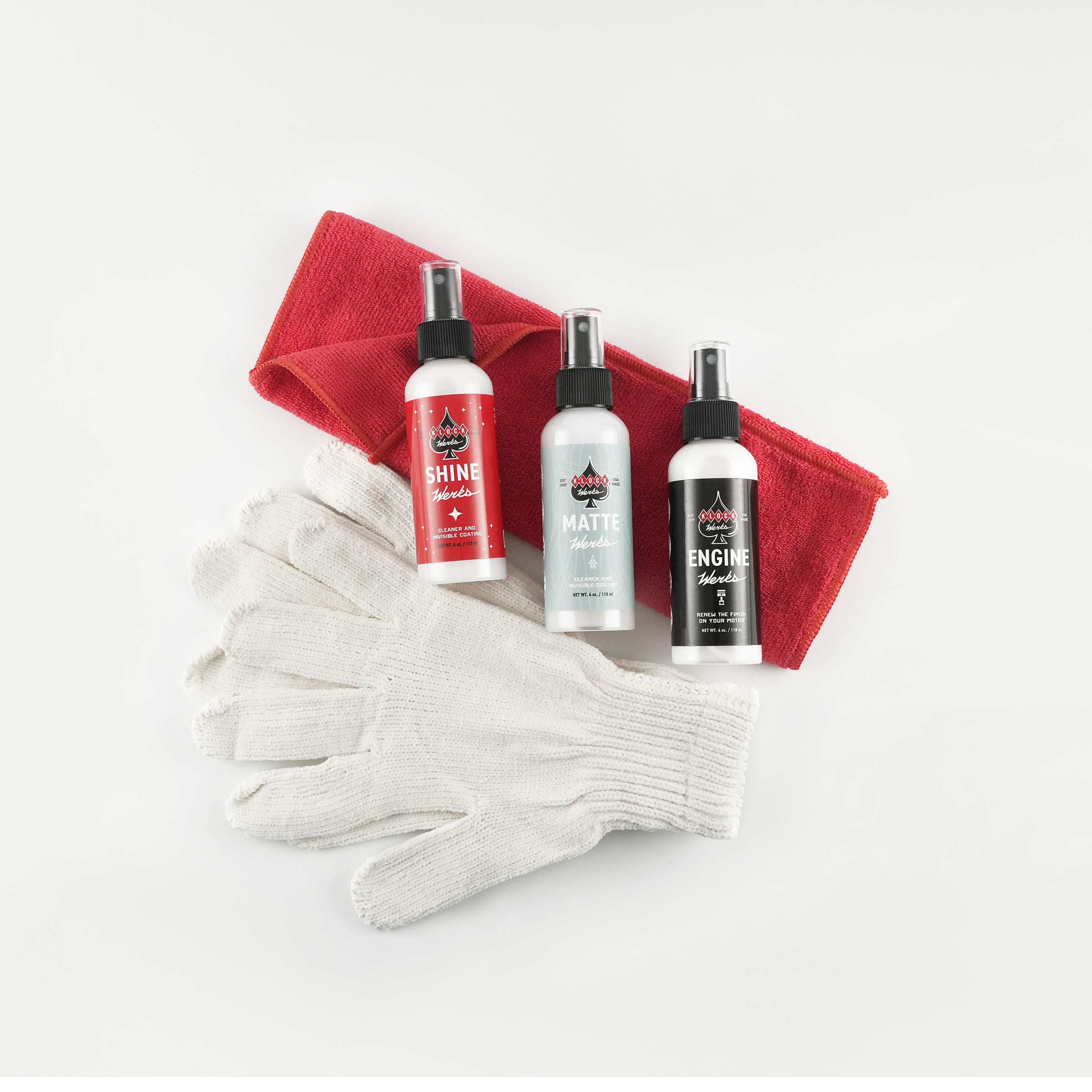Klean Werks Cleaning Kit(The complete Klean Werks Kit includes a 4 oz. bottle of Shine Werks, Matte Werks and Engine Werks as well as 1 microfiber cloth and 1 pair of polishing gloves)