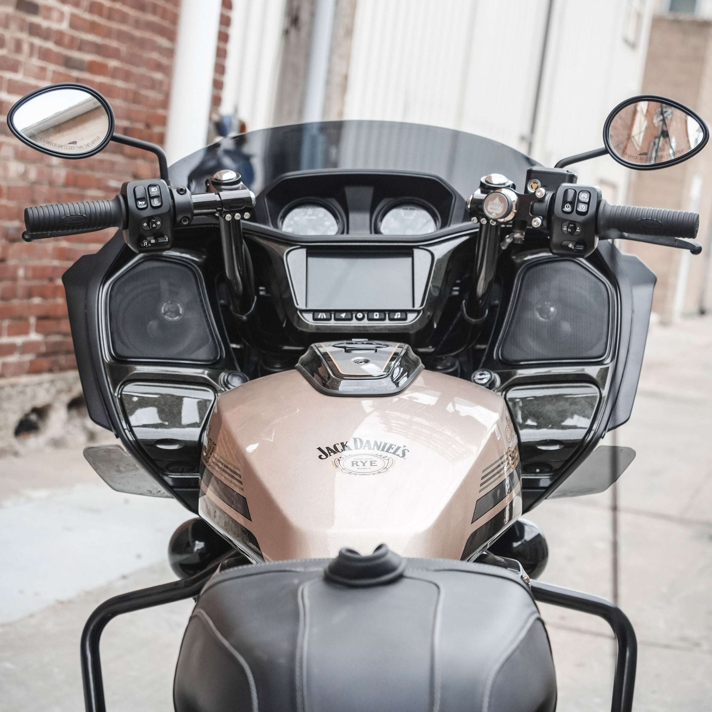(View from behind the fairing) showing the Wings for Indian Challenger and Indian Pursuit Motorcycles installed (Back of fairing with Flare™ Wings installed)