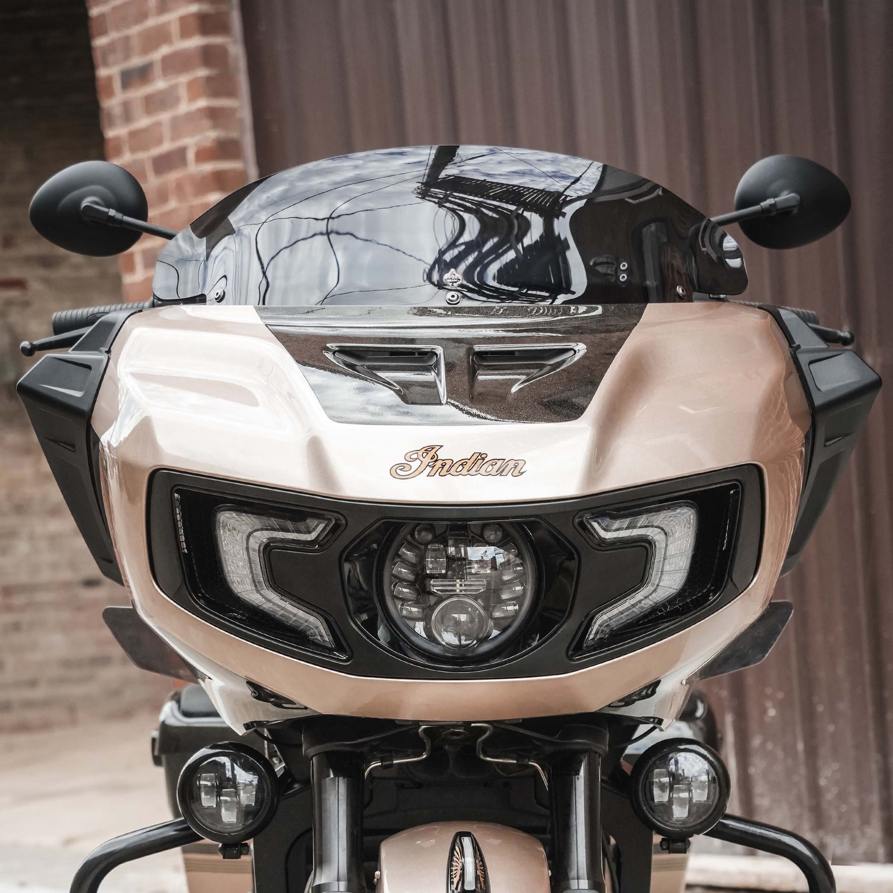 The front of a fairing showing the Flare™ Wings for Indian Challenger and Indian Pursuit Motorcycles installed 