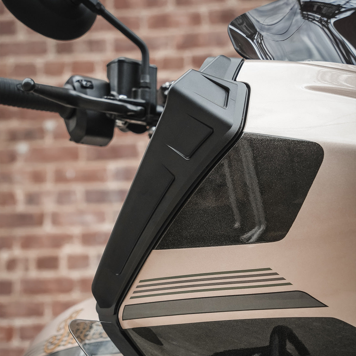 The left side of a fairing showing the Wings for Indian Challenger and Indian Pursuit Motorcycles installed