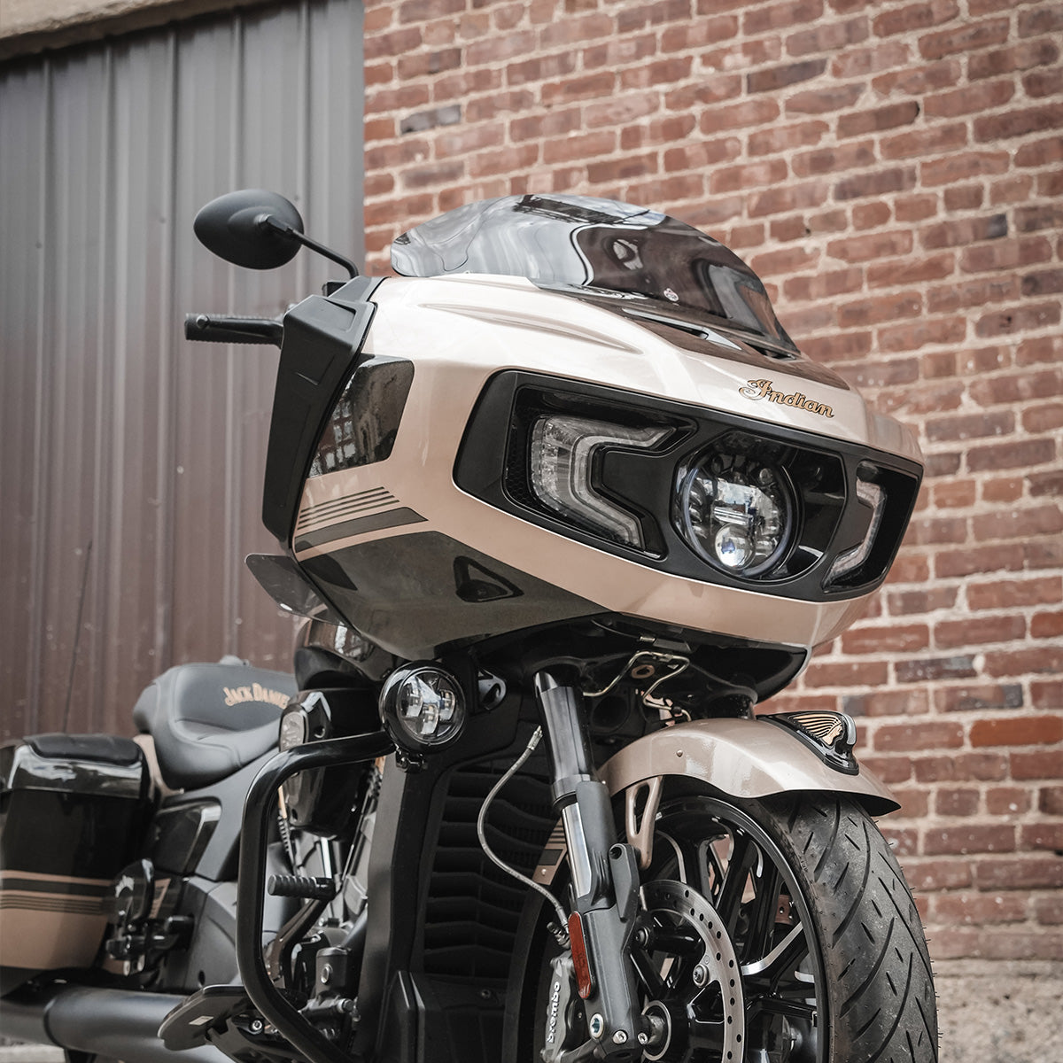 (The left side of a fairing showing the Flare® Wings) for Indian Challenger and Indian Pursuit Motorcycles installed