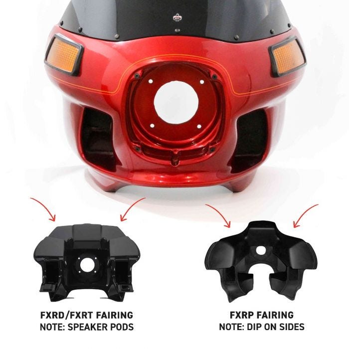 Visual guide to help identify FXRP, FXRT, FXRD Style Fairings to choose a FlareĀ® Windshield for Harley-Davidson motorcycle models (Quick guide to help identify which fairing style you have.)