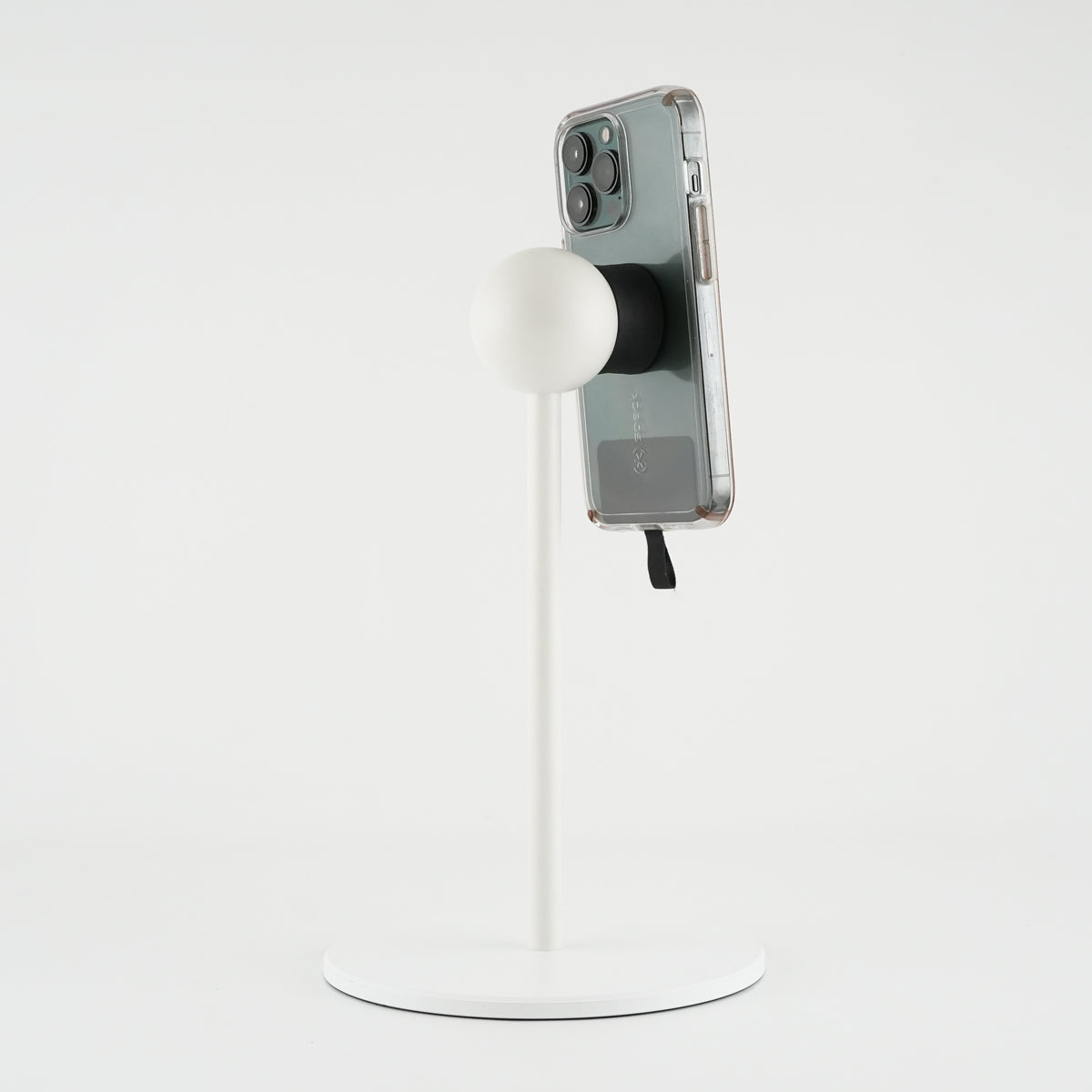 White Satin iOstand® Magnetic Phone Mount with Phone (iOstand - White Satin with Phone)