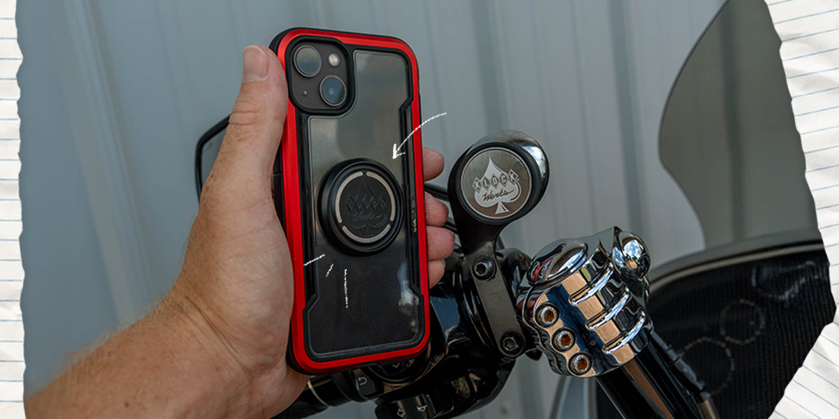 Klock Werks Inductive Charging iOdisc™, user holding phone with disc next to iOmounts® device mount.