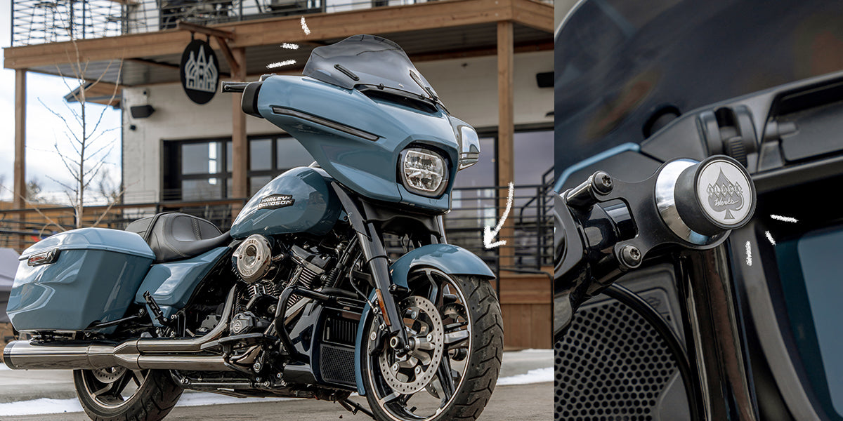 Best Motorcycle Parts & Accessories for Street Glide, Ultra, and Electra that elevates your ride, shown with a FLH 2023.5+ model with steel blue paintwork and showcasing Klock Werks iOmounts® phone mount.