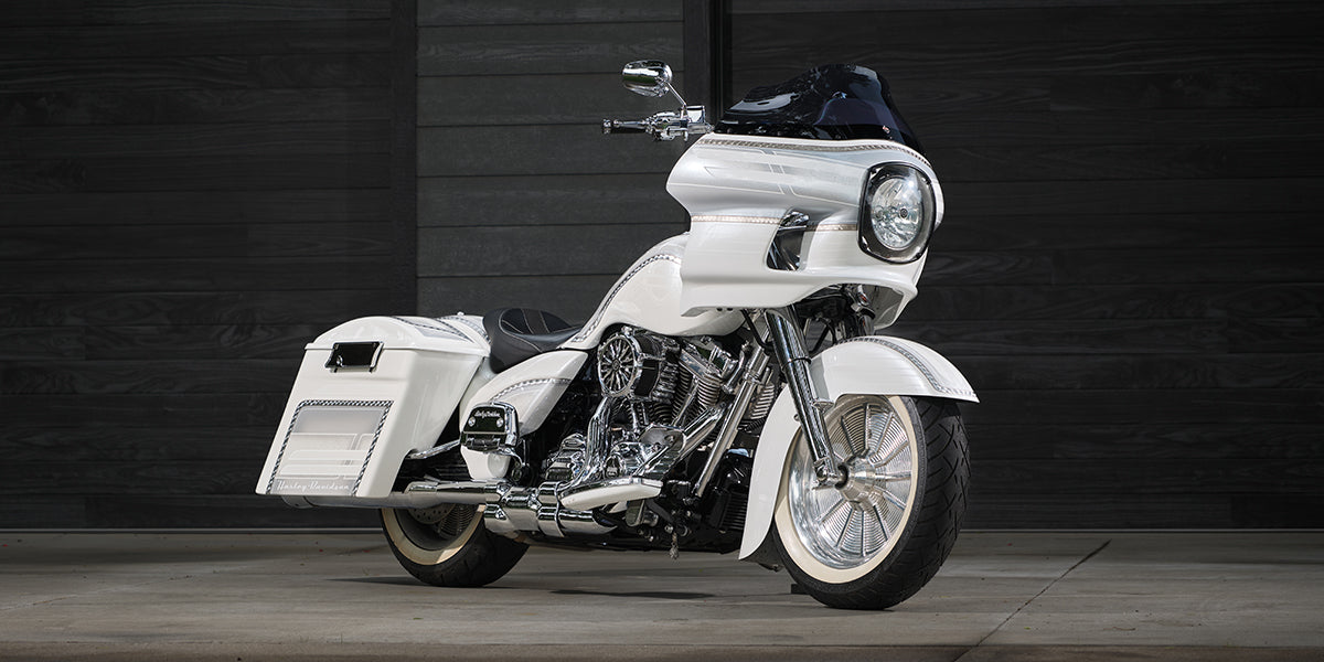 Klock Werks custom 2010 Harley-Davidson® Road King with pearl white detail and chrome accents.