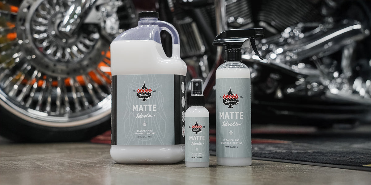 The best motorcycle matte and satin cleaner and detailer that cleans and protects any matte and satin surface lined up in a gallon size, 6oz size, and a 12oz spray bottle.