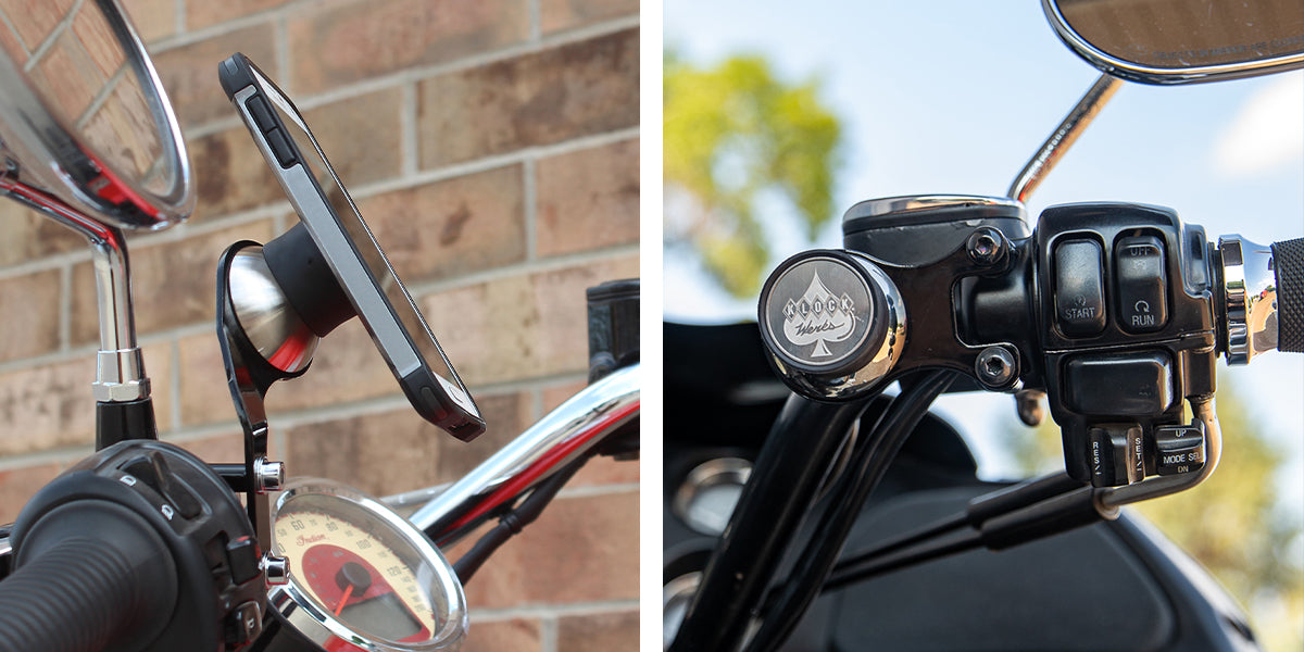 Klock Werks iOmounts® Magnetic Phone Mounts for Motorcycles, Home & More for Harley-Davidson and Indian motorcycles, shown on an Indian Scout with the phone connected to the magnet, and a Harley-Davidson Ambidextrous mount on a bike.
