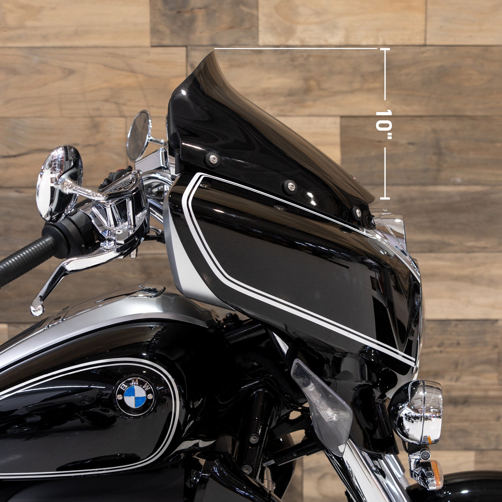 Motorcycle Flare Windshield for BMW R 18 B and R 18 Transcontinental Motorcycles shown in Dark Smoke (14.5" - Dark Smoke - With Vertical Height Measurements)