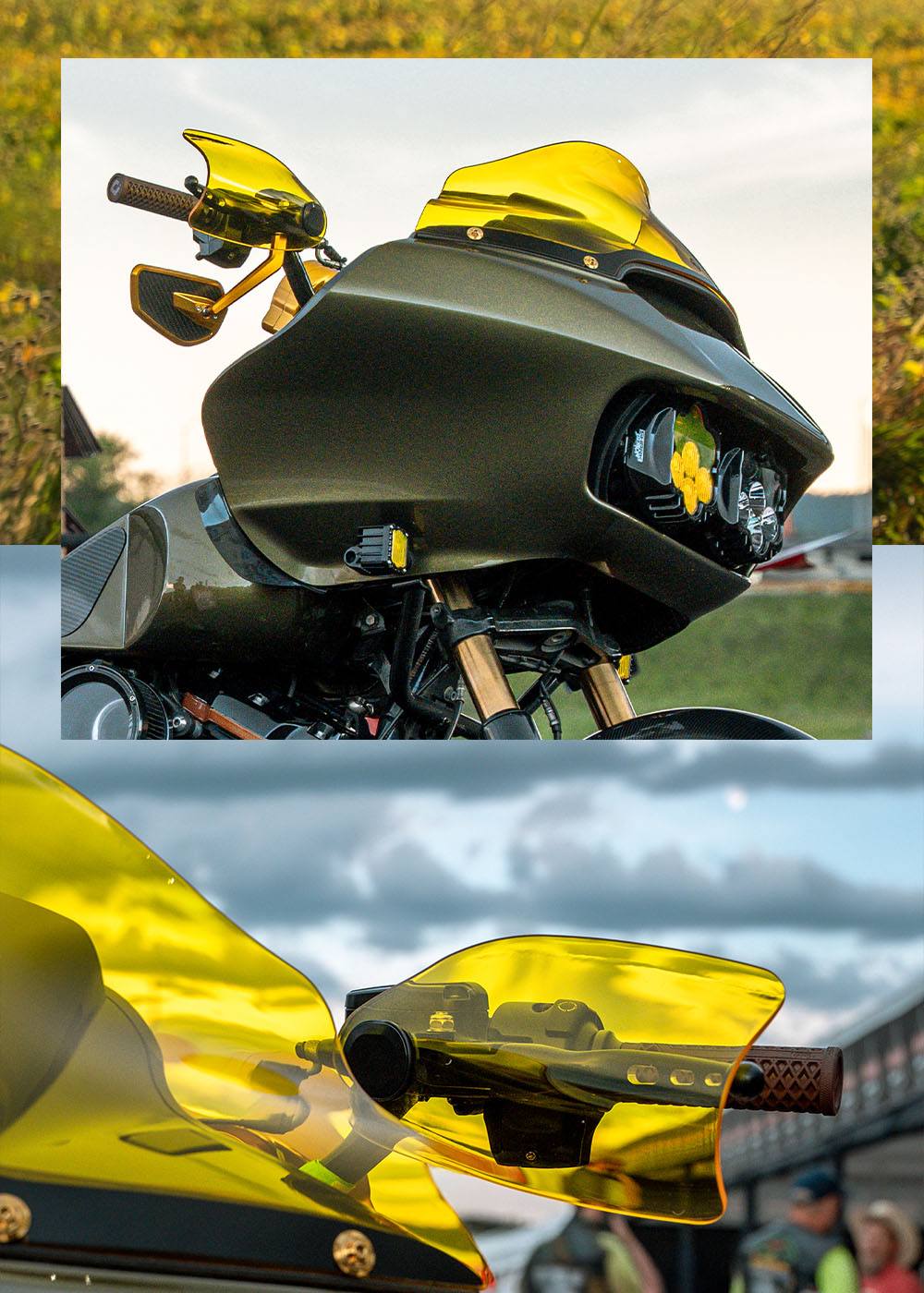 Klock Werks Hand Guards in yellow at the sturgis motorcycle rally on a cloudy day. The yellow hand guards match the yellow Flare windshield. 