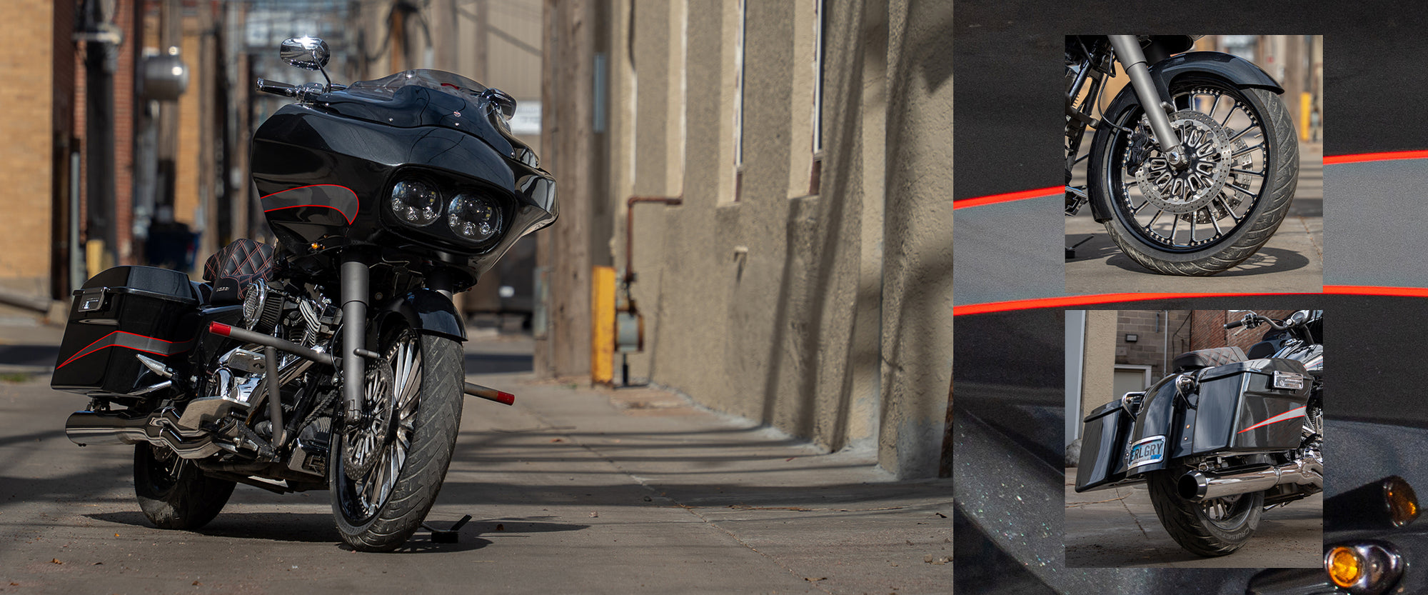 Earl Grey a Custom Harley Road Glide FLTR parked in an alleyway in Mitchell South Dakota. All black painted road glide with red paint and a Klock Werks flare windshield. Photo call-outs featuring a klock werks steel front fender and rear fender on the custom build. 