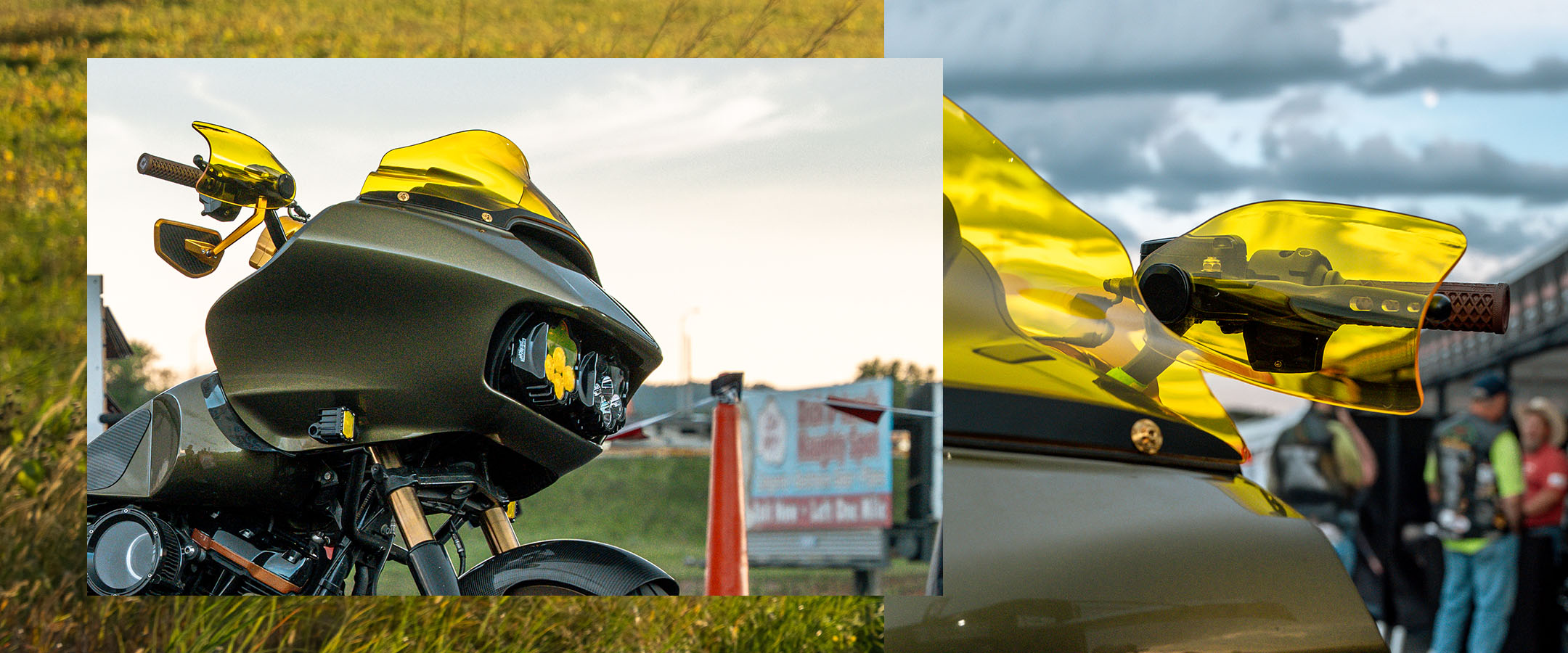 Klock Werks Hand Guards in yellow at the sturgis motorcycle rally on a cloudy day. The yellow hand guards match the yellow Flare windshield. 