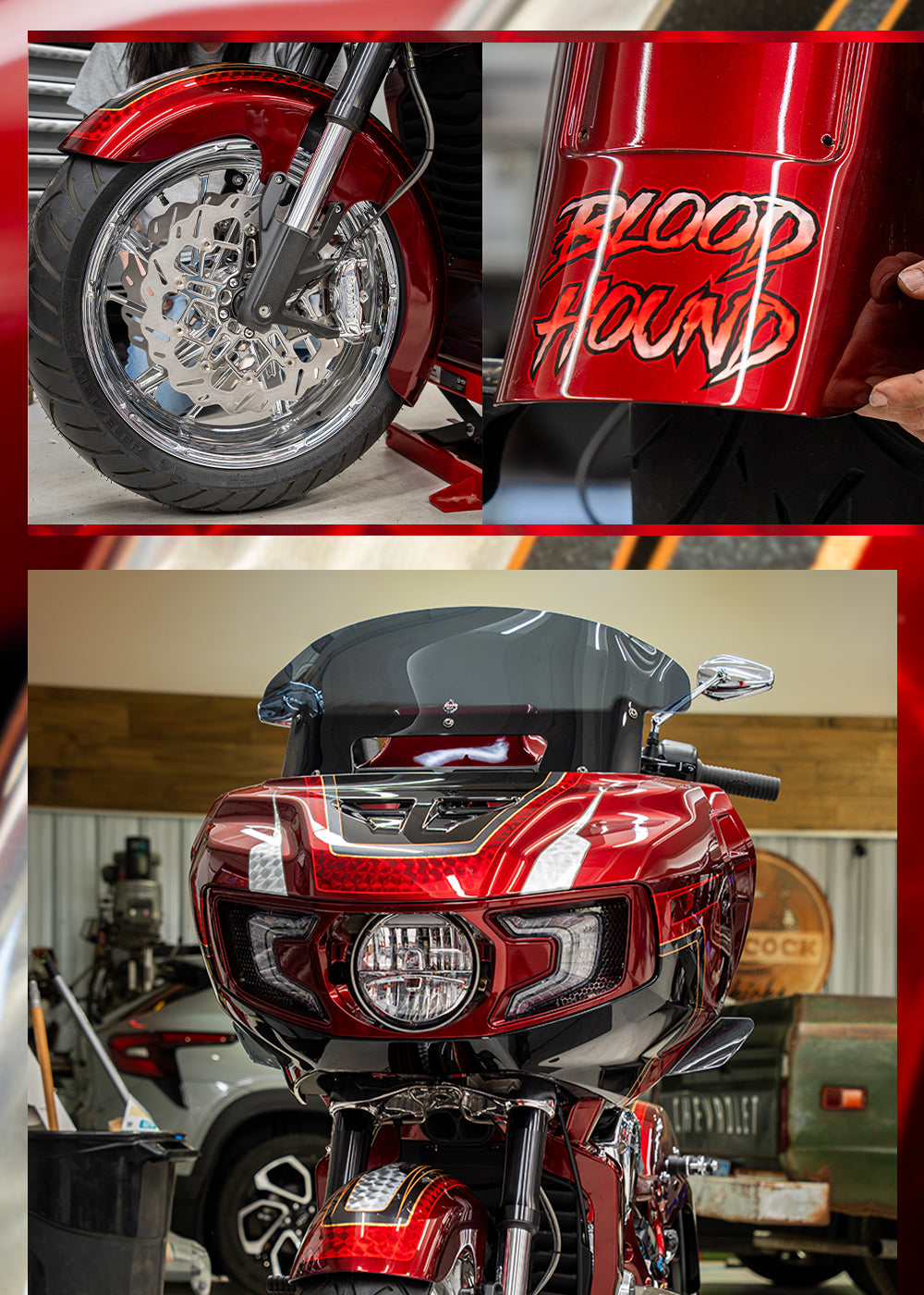 A Harley Davidson motorcycle called "Blood Hound" with a Klock Werks flare windshield on it.